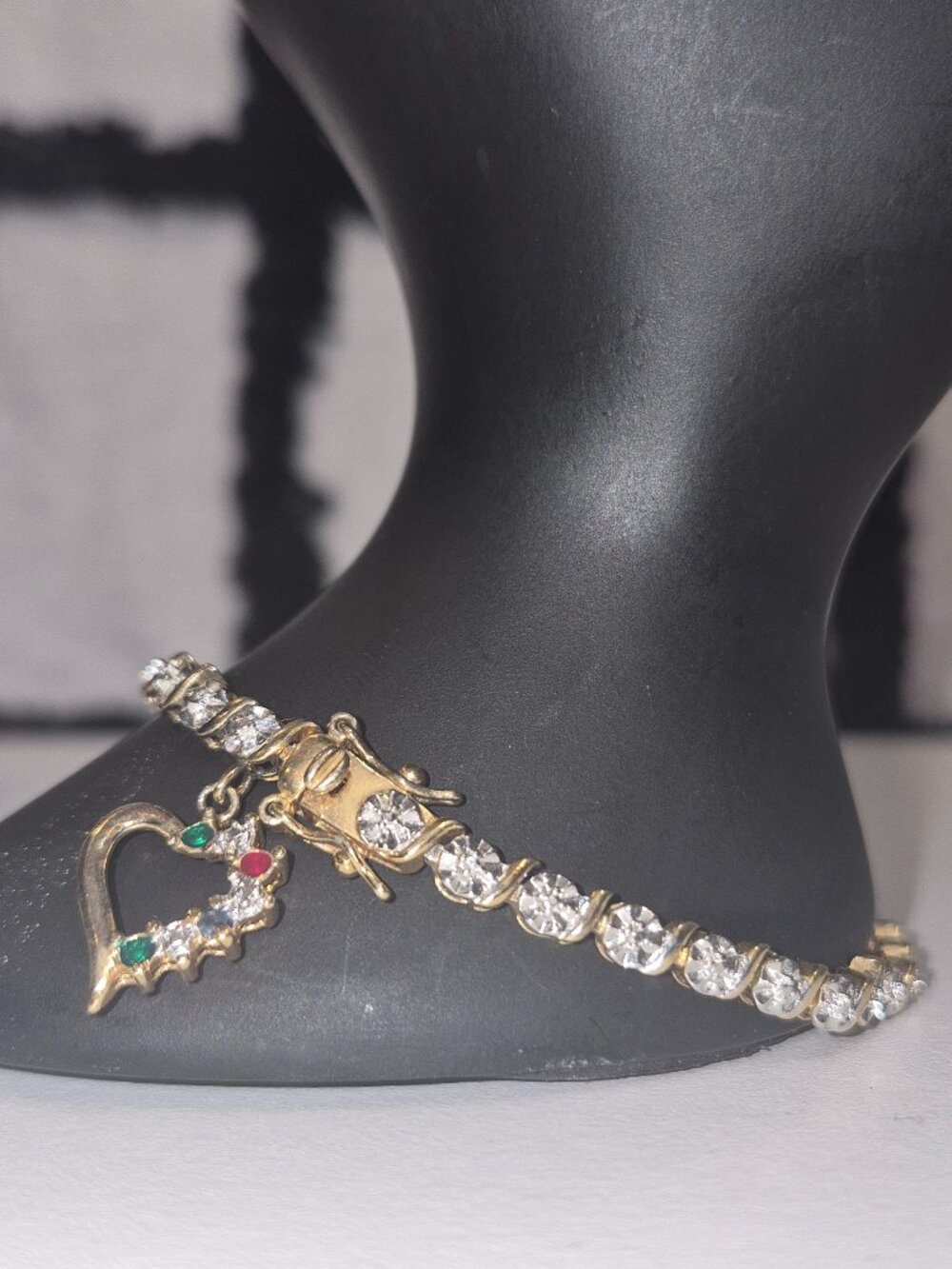 Vintage Ross Simons 925 Gold Plated Silver Crystal Tennis Bracelet W Heart Charm